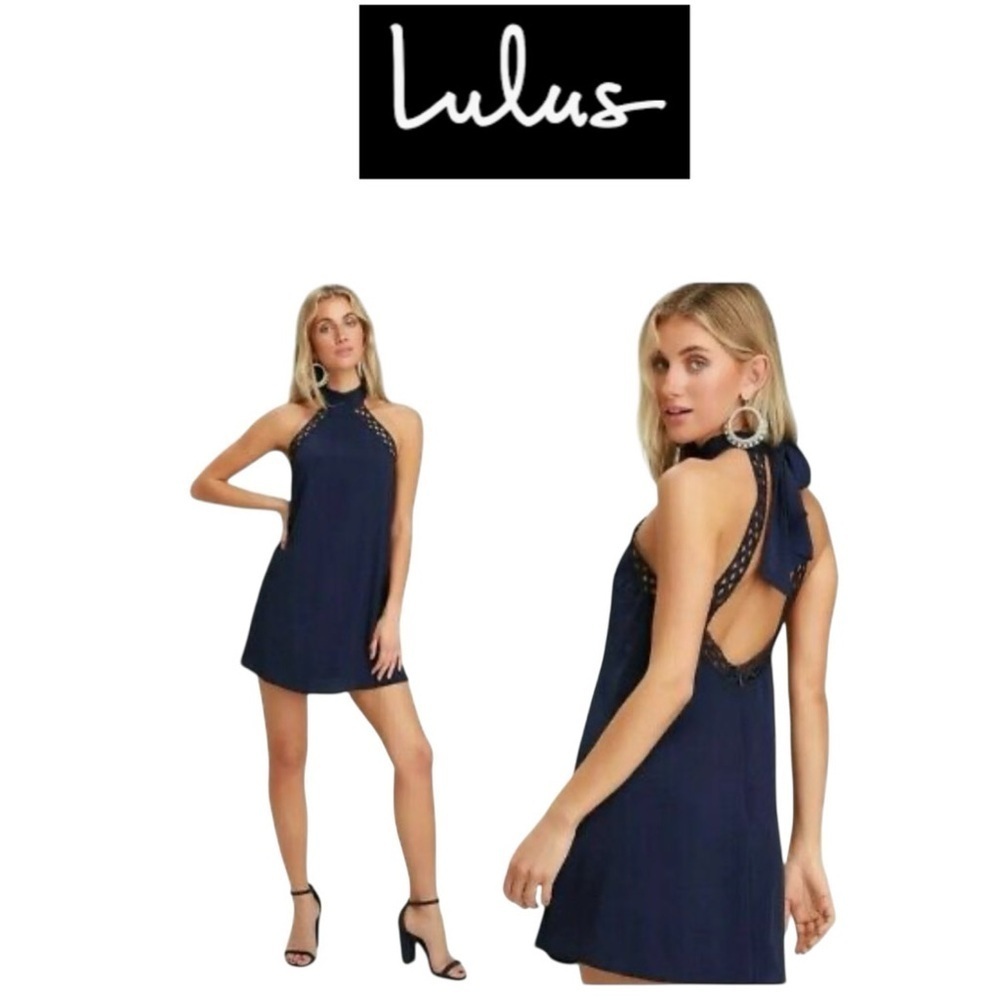 Lulu's Navy Blue Backless Halter Lace Sundress XL